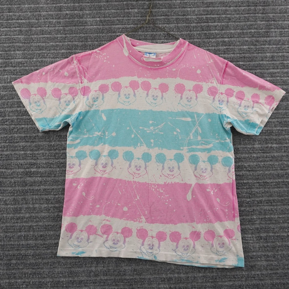 Vintage 80s Disney T-Shirt Splatter OS Pink Blue Mickey Mouse All Over Print